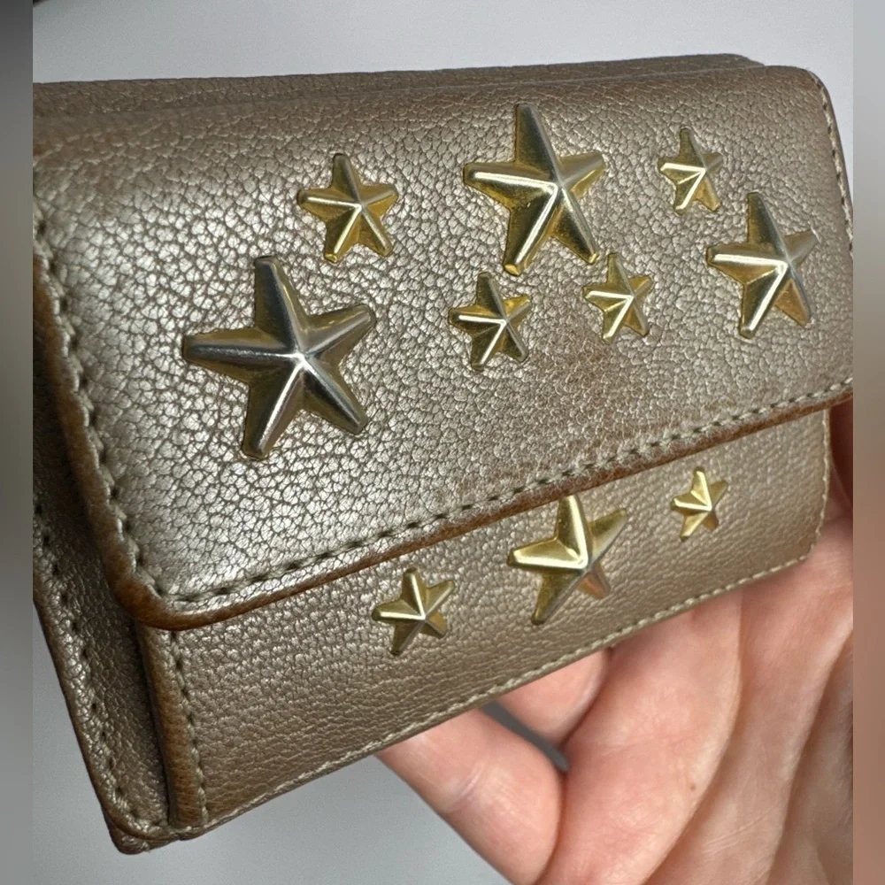 💖 #175 Jimmy Choo Nemo Star Studded Metallic Leather Tri-fold Compact Wallet